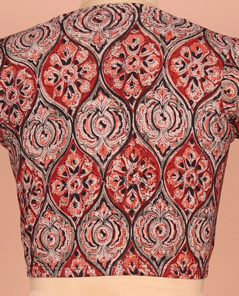 Red Cotton Readymade Blouse Spotlighted with All-Over Ogee Patterns Print, Featuring a Front Round-Neck, a Closed Back Neck, and Elbow Sleeves - Image 4