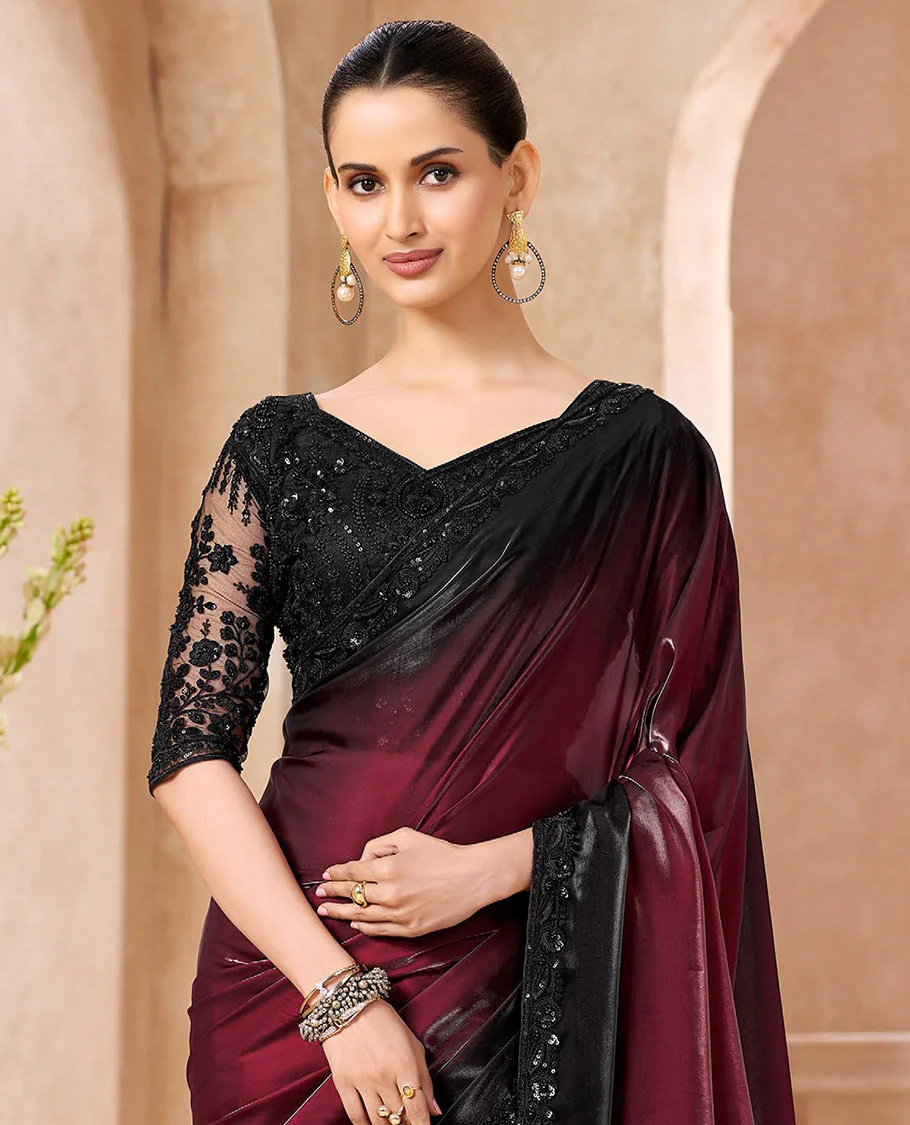 Red Designer Saree Featuring Ombre-Color Dyed All Over the Saree, Graced with Floral Embroidered Border, and Comes with a Contrast Intricately Embroidered Blouse - Image 2