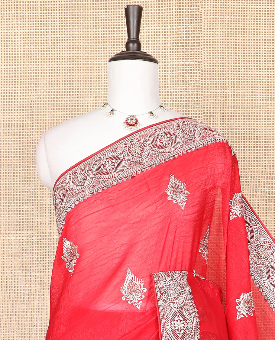Red designer saree with unique embroidered motifs in micro-stone, intricately embroidered border - Image 2