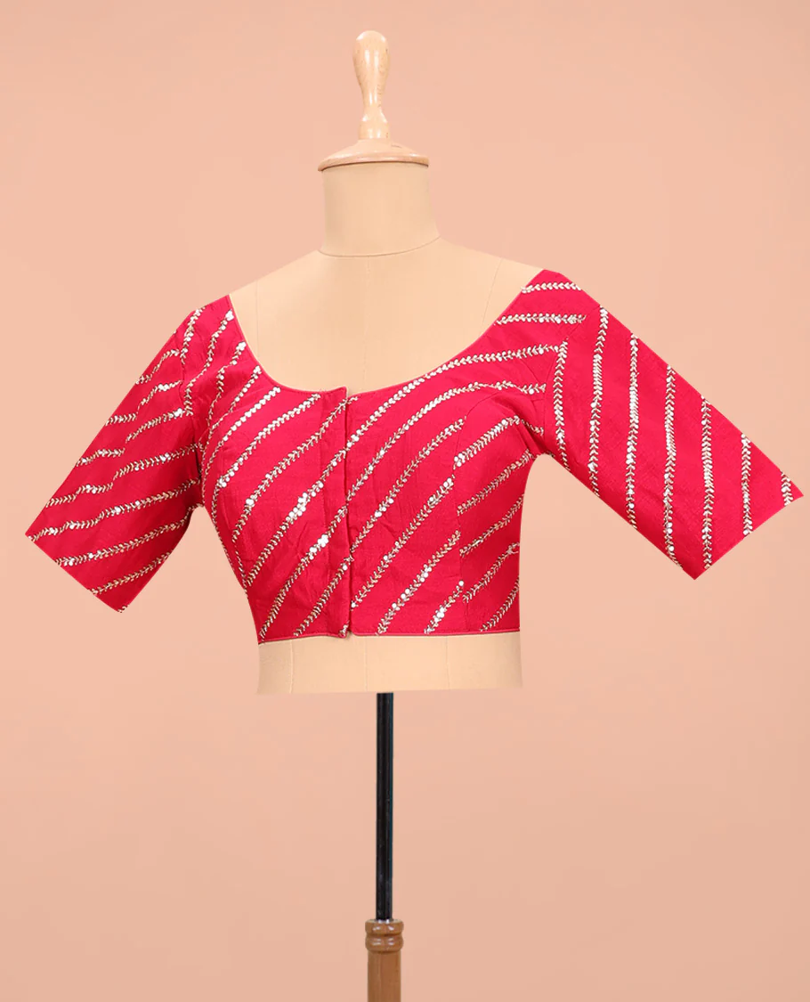 Red diagonal leaf vine sequins embroidered round neck with elbow sleeve blouse