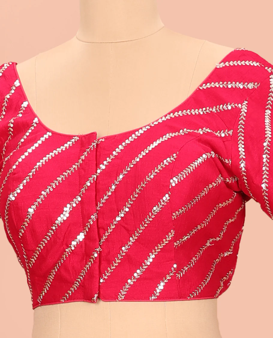 Red diagonal leaf vine sequins embroidered round neck with elbow sleeve blouse - Image 2