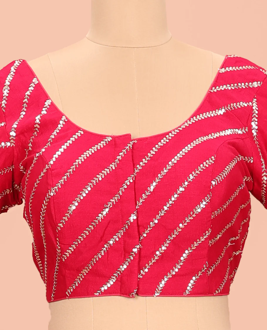 Red diagonal leaf vine sequins embroidered round neck with elbow sleeve blouse - Image 3
