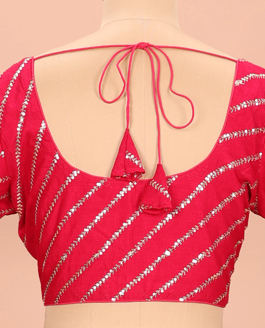Red diagonal leaf vine sequins embroidered round neck with elbow sleeve blouse - Image 4