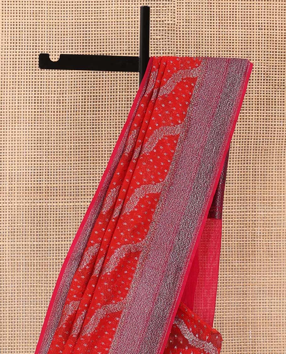 Red diagonal zig-zag floral vine woven fancy saree, zari border, and zari woven pallu - Image 3