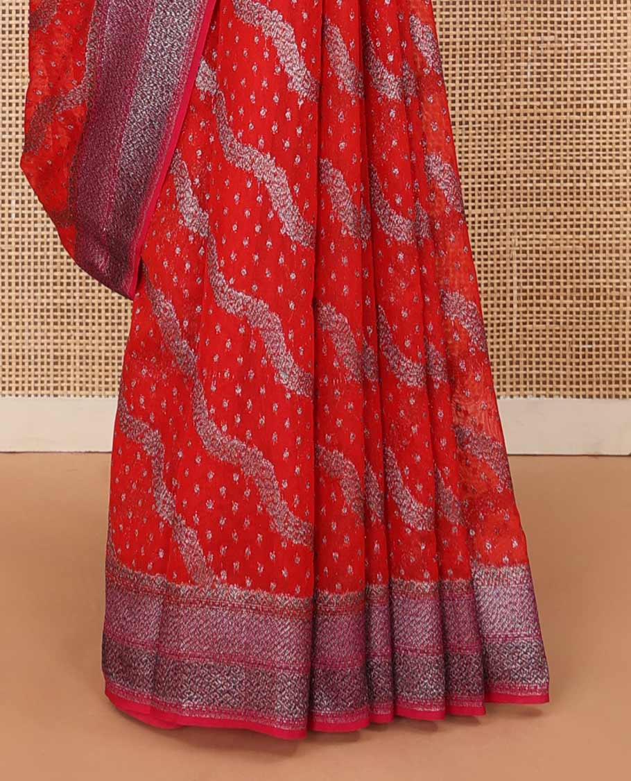 Red diagonal zig-zag floral vine woven fancy saree, zari border, and zari woven pallu - Image 4