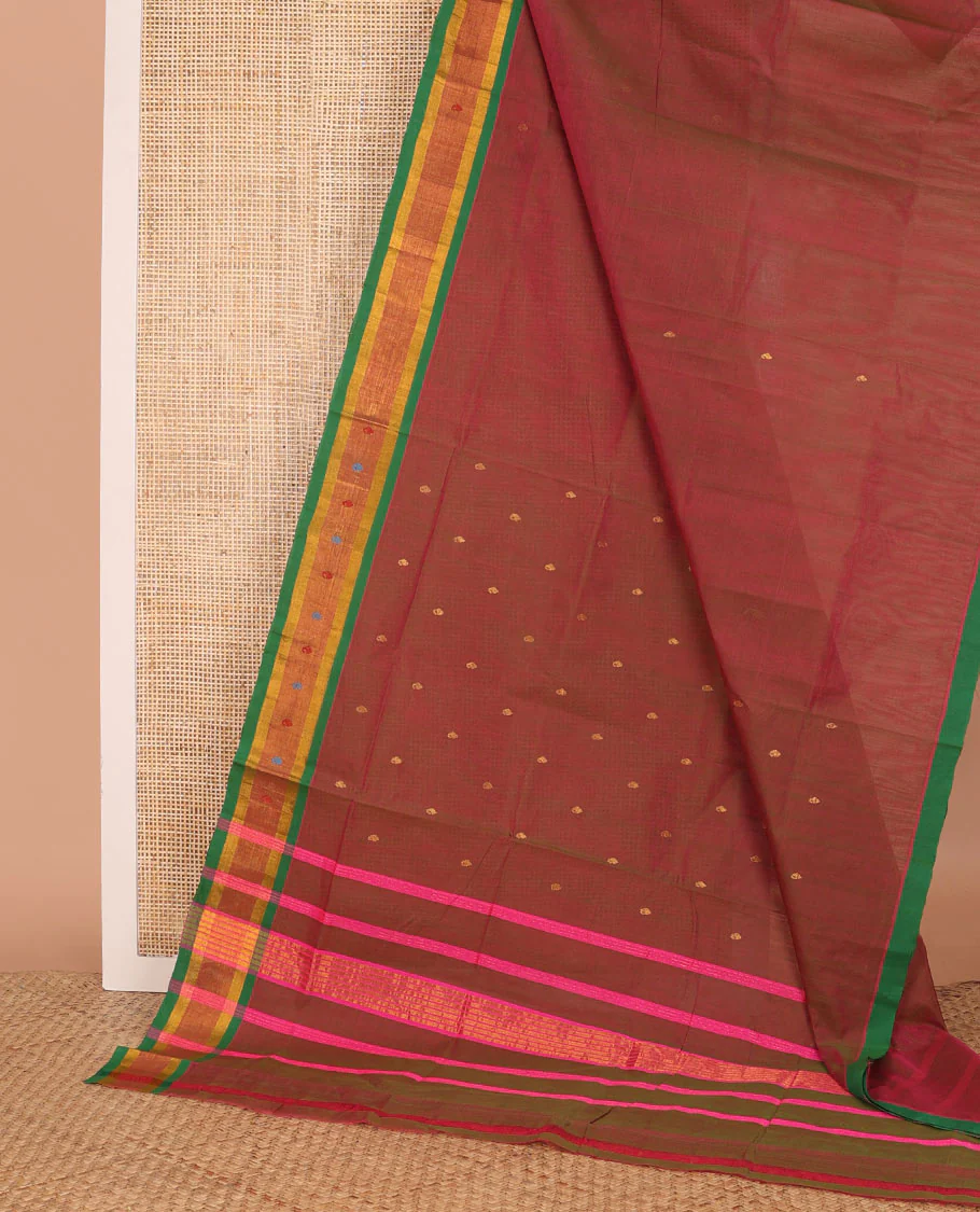 Red dual-tone zari buttas Venkatagiri cotton saree, contrast zari and thread border, and zari striped pallu - Image 2