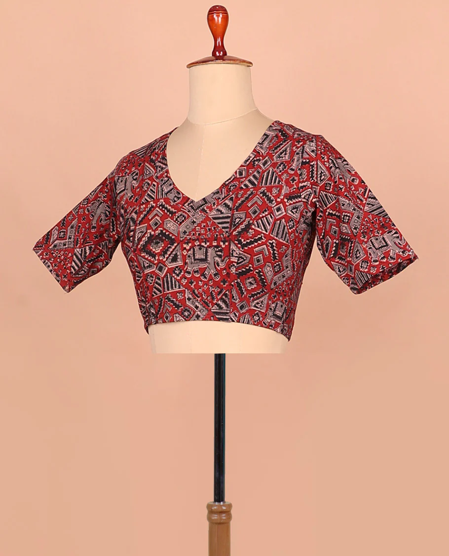 Red elephant and geometric pattern printed front and back leaf neck elbow sleeve cotton readymade blouse