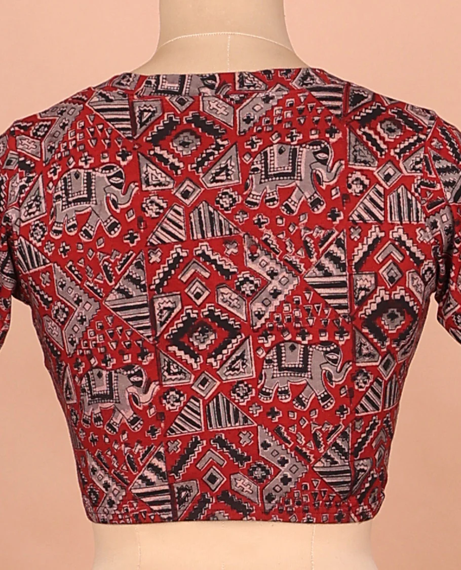 Red elephant and geometric pattern printed front and back leaf neck elbow sleeve cotton readymade blouse - Image 2