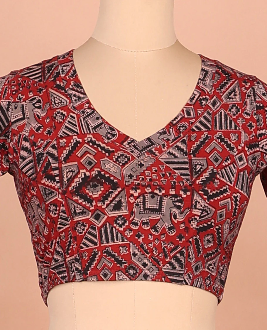 Red elephant and geometric pattern printed front and back leaf neck elbow sleeve cotton readymade blouse - Image 3