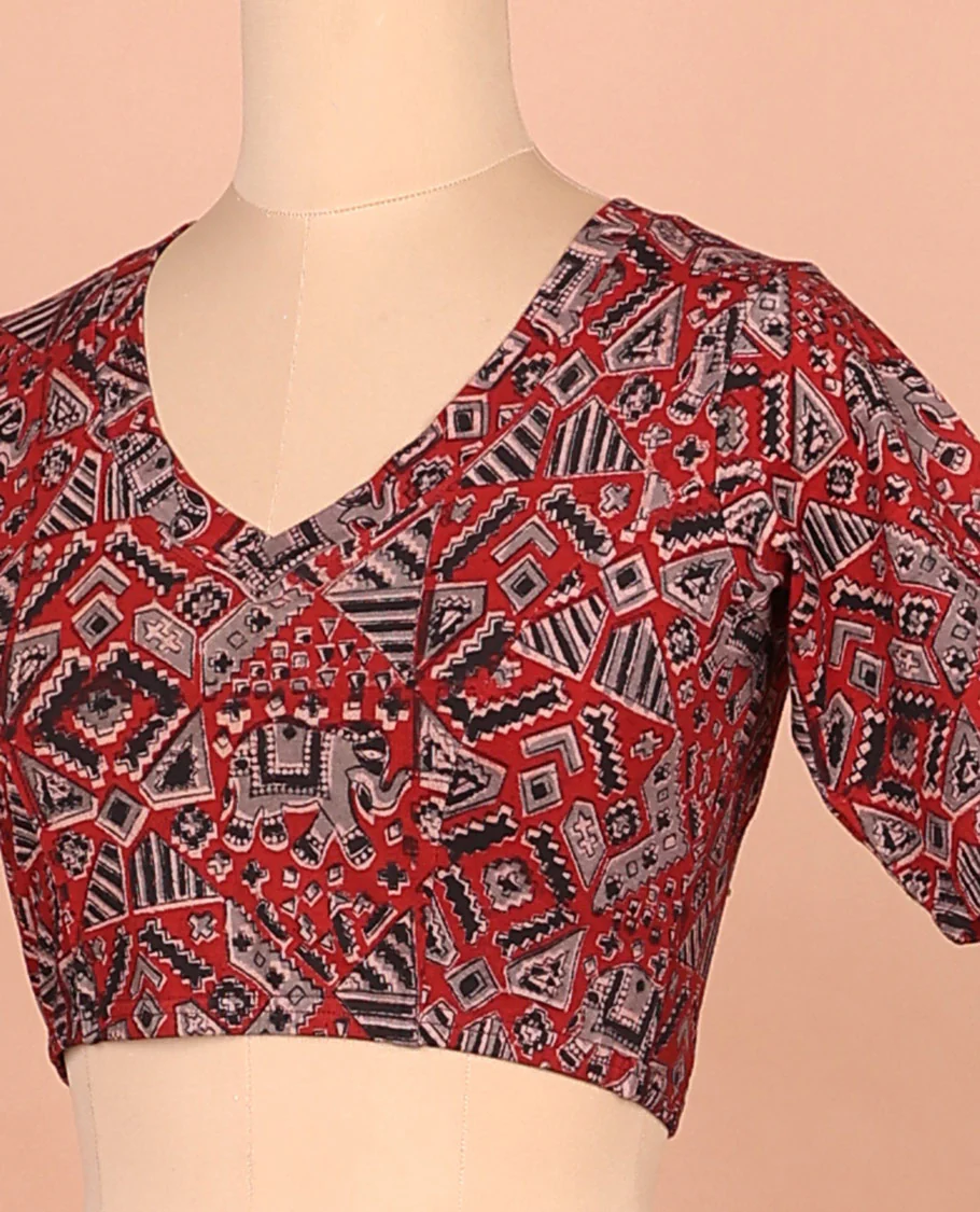 Red elephant and geometric pattern printed front and back leaf neck elbow sleeve cotton readymade blouse - Image 4