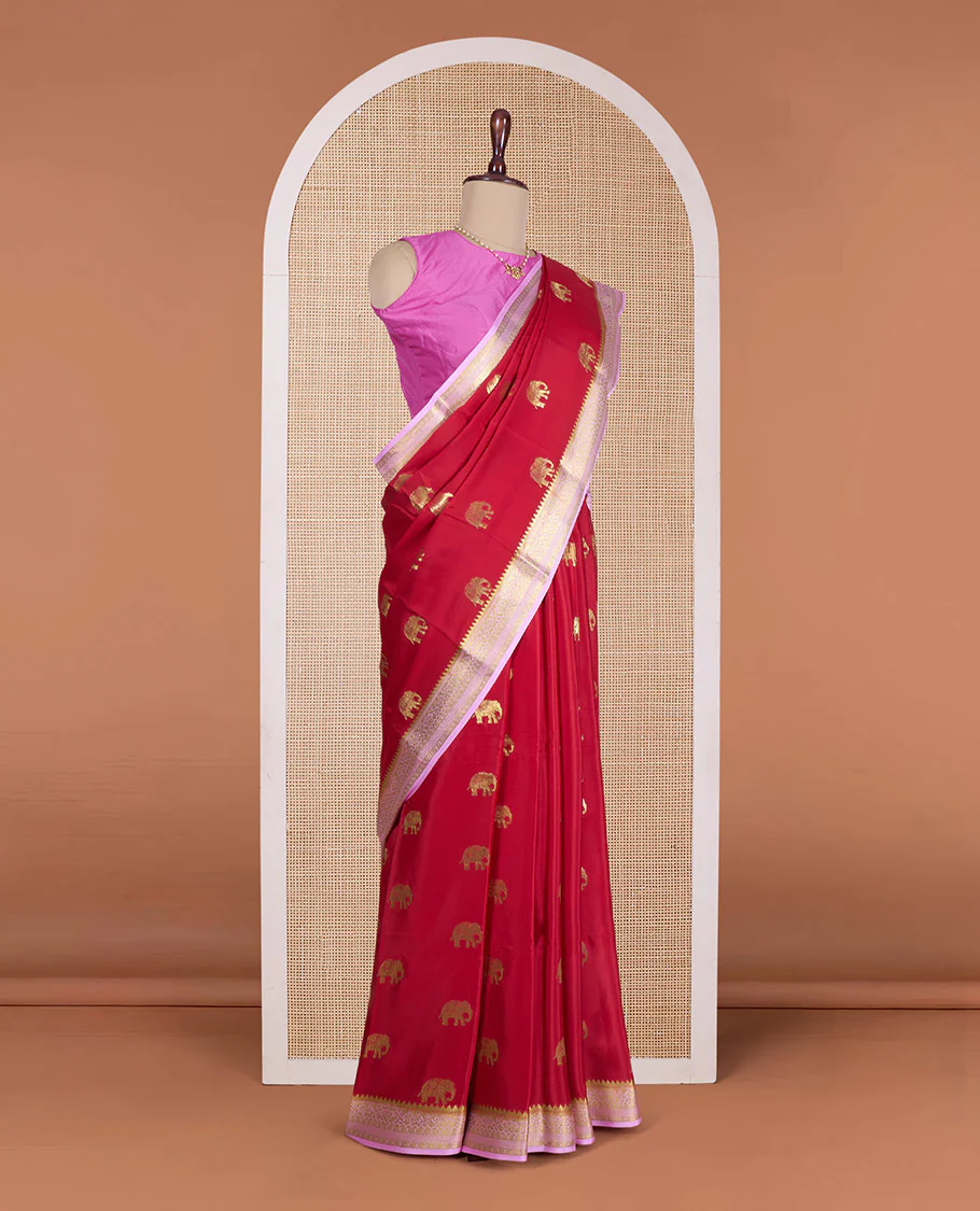 Red elephant zari buttas Mysore silk saree, contrast traditional zari design border, and paisley design pallu