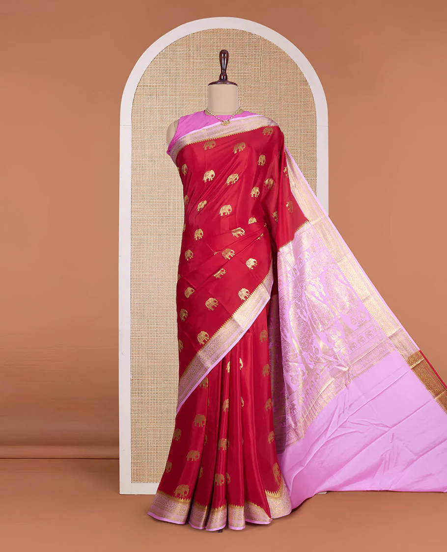 Red elephant zari buttas Mysore silk saree, contrast traditional zari design border, and paisley design pallu - Image 2