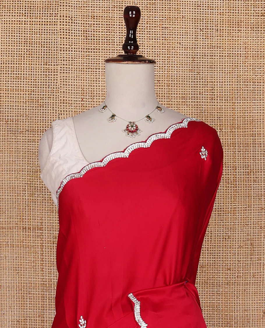 Red embroidered stone motifs designer saree with scallop crystal stone work border - Image 3