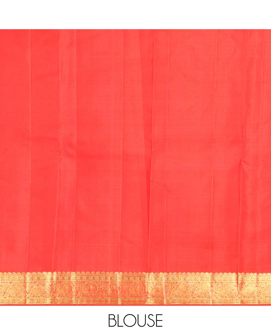 Red embossed design Parampara silk saree with self border of thilakam mokku, paun, mayil design & floral pallu - Image 6