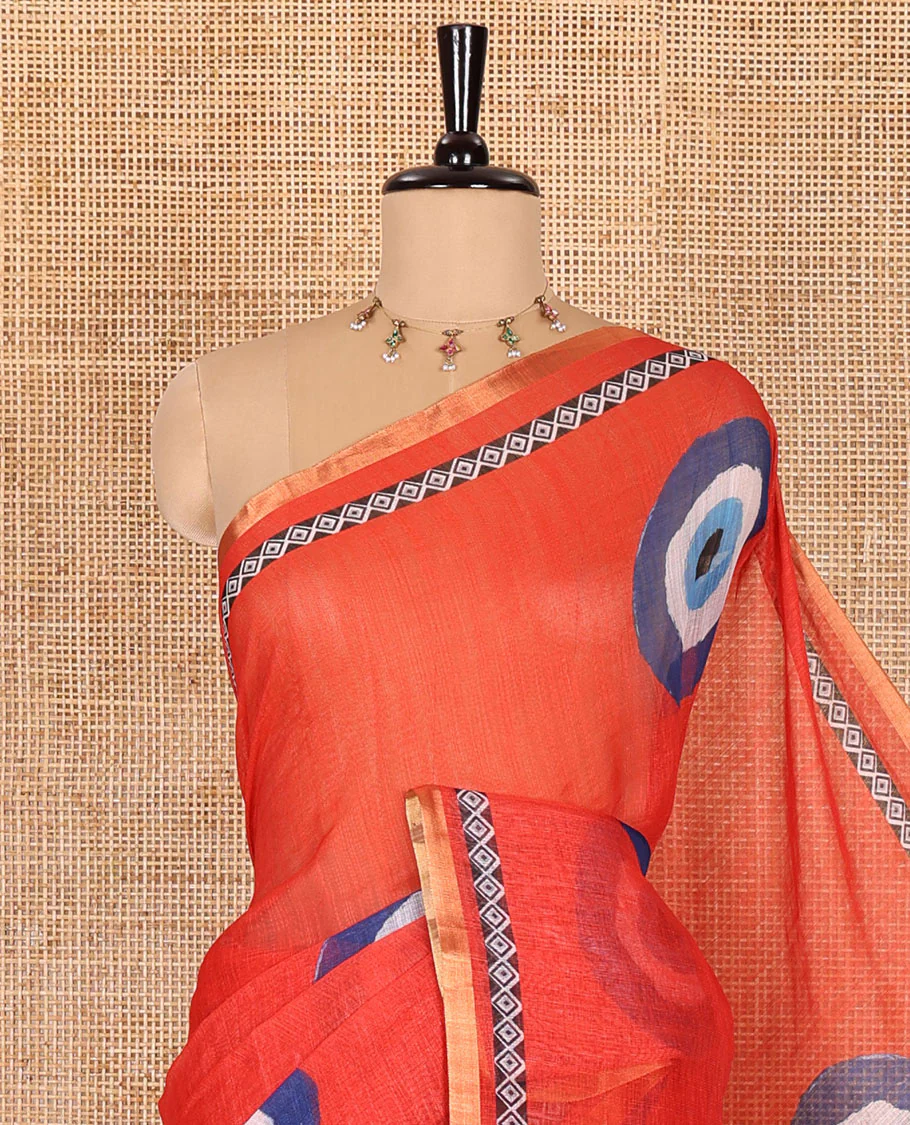 Red evil eye motifs printed linen cotton saree, diamond motifs printed with piping border, chevron printed pallu, and a matching blouse - Image 2