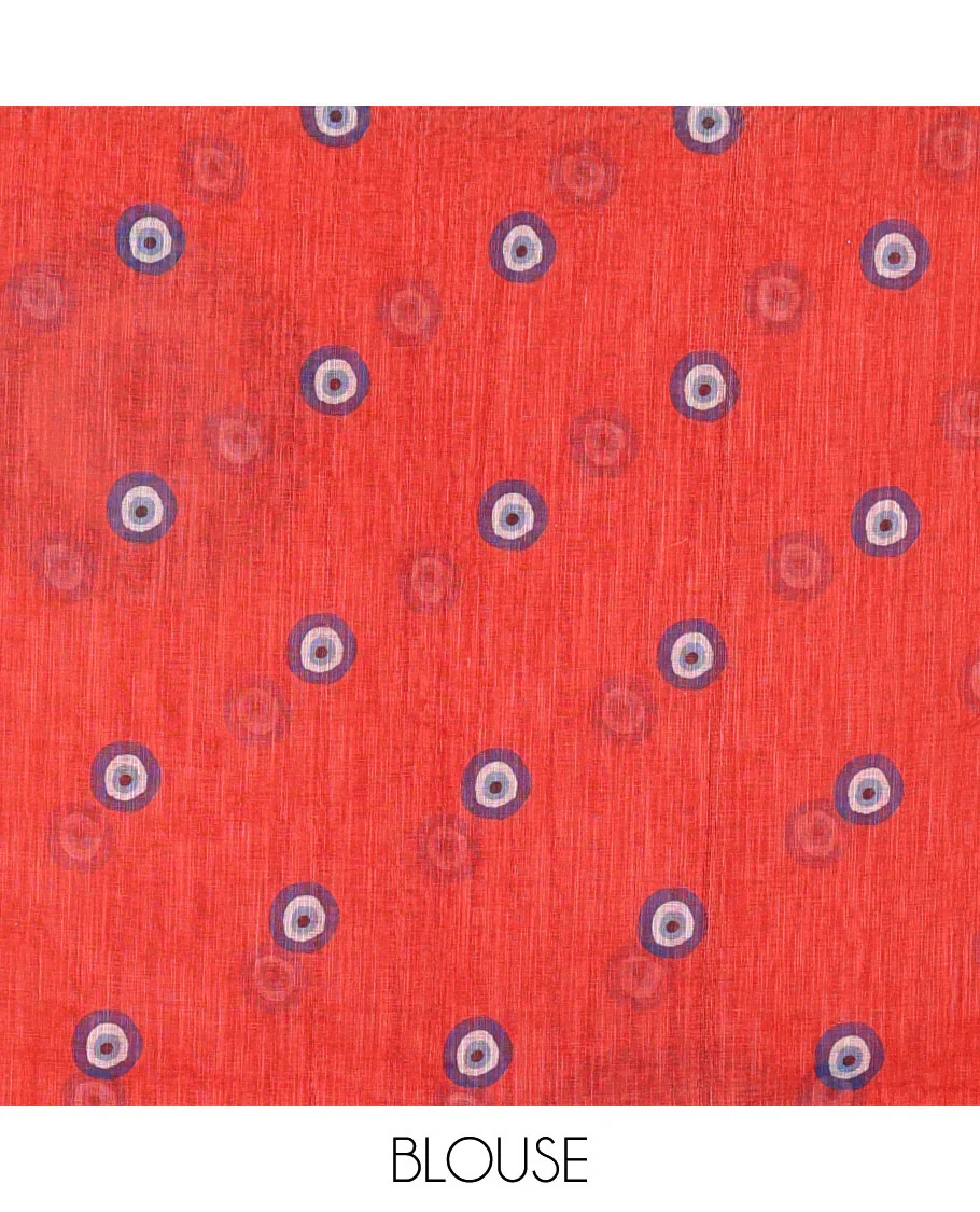 Red evil eye motifs printed linen cotton saree, diamond motifs printed with piping border, chevron printed pallu, and a matching blouse - Image 3