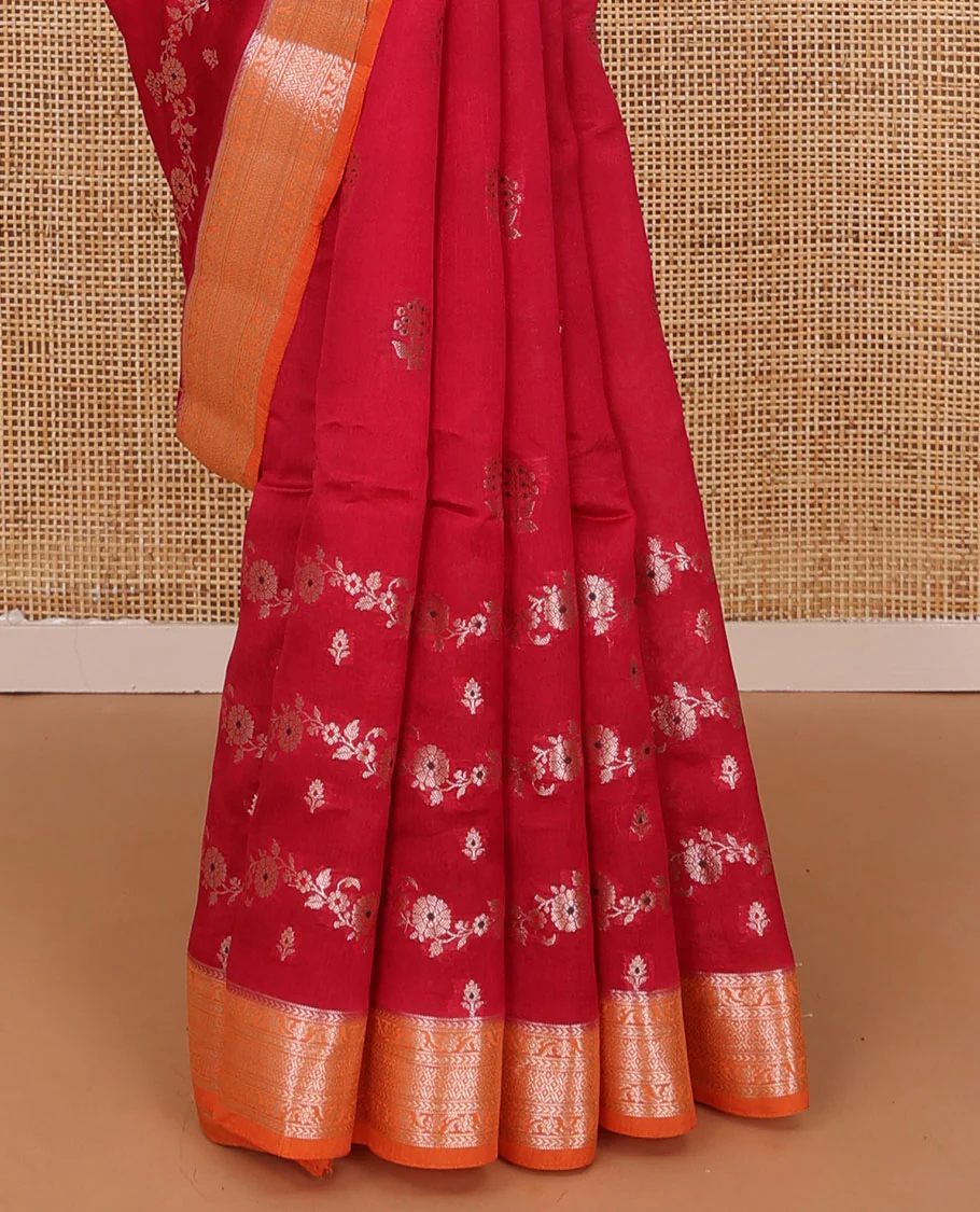Red floral buttas, and floral creeper designs raw mango silk saree, contrast traditional zari border, and jaal pallu - Image 4
