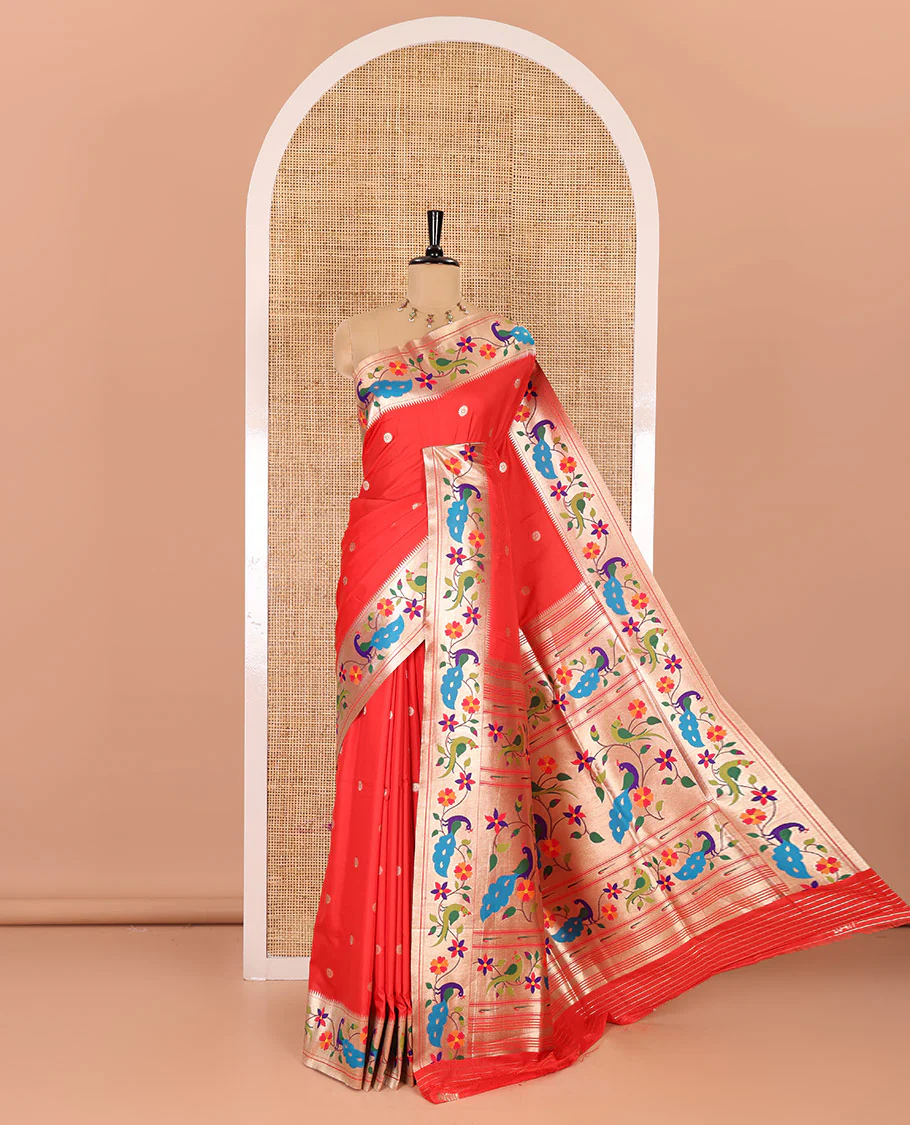 Red floral buttas art silk paithani saree, contrast floral creeper and peacock design border, pallu of peacock and floral vine, and a matching blouse
