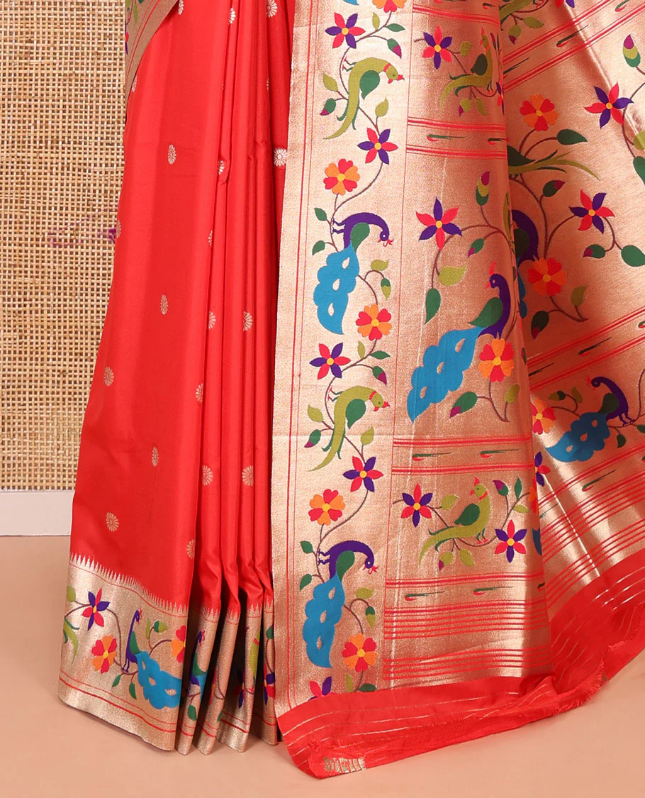 Red floral buttas art silk paithani saree, contrast floral creeper and peacock design border, pallu of peacock and floral vine, and a matching blouse - Image 3