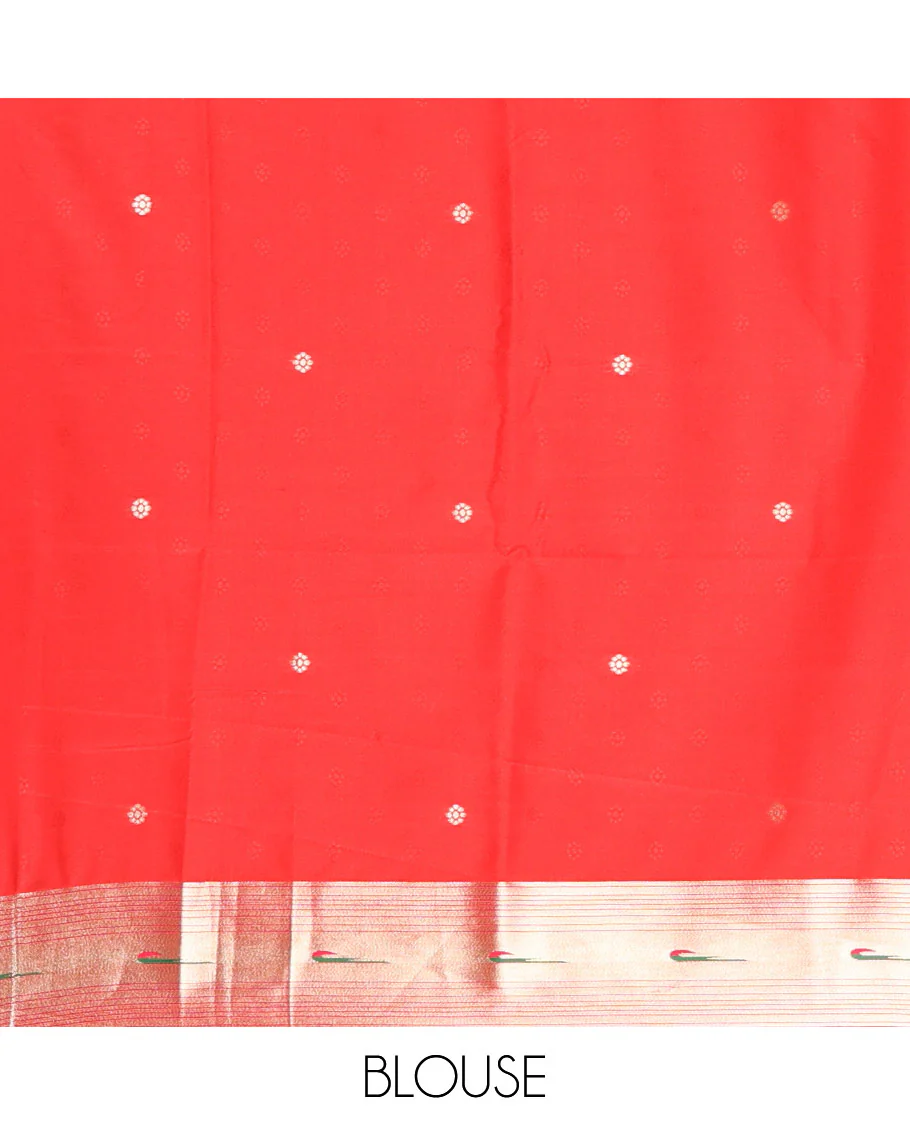 Red floral buttas art silk paithani saree, contrast floral creeper and peacock design border, pallu of peacock and floral vine, and a matching blouse - Image 4