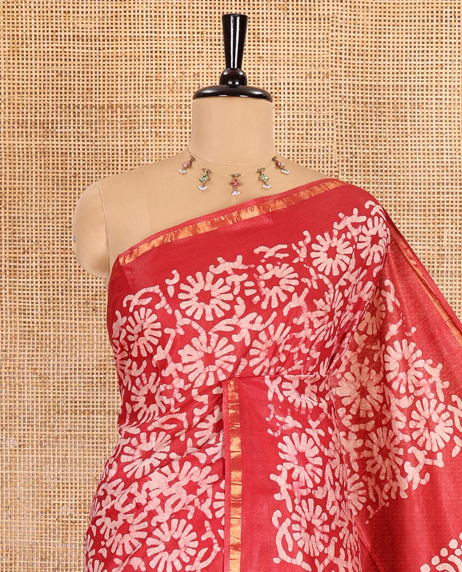 Red floral design batik-printed Bhagalpur cotton saree, zari piping border, batik-printed pallu, and a plain blouse - Image 2