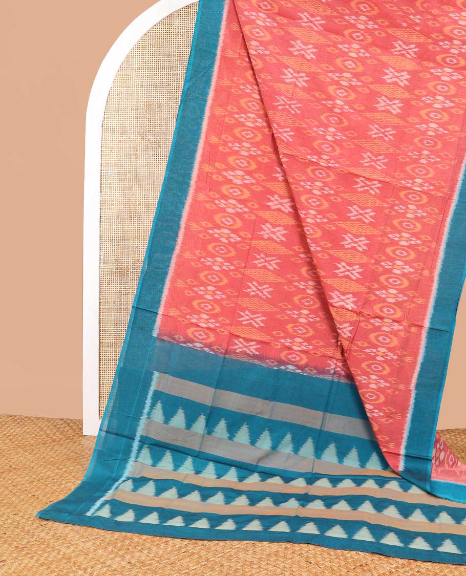 Red floral design ikkat cotton saree with contrast border & geometric design pallu - Image 2