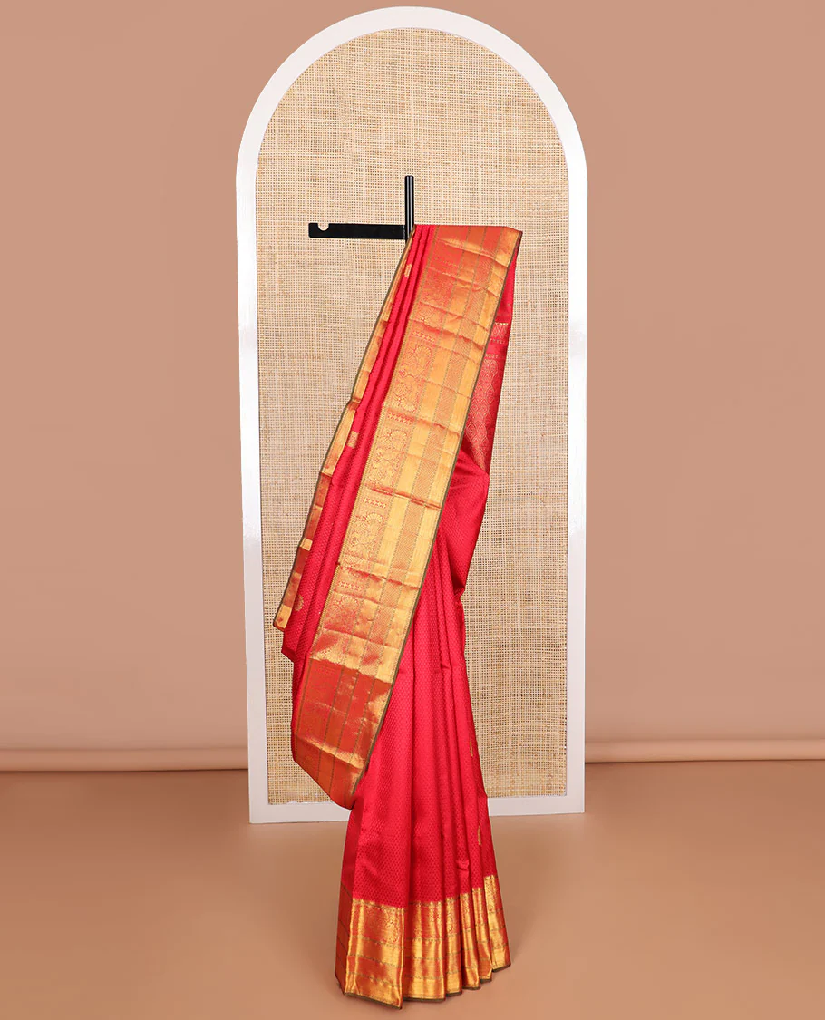 Red floral design Parampara silk saree with contrast border of rekku, paun, banaras, kuyil kann design & jaal design pallu