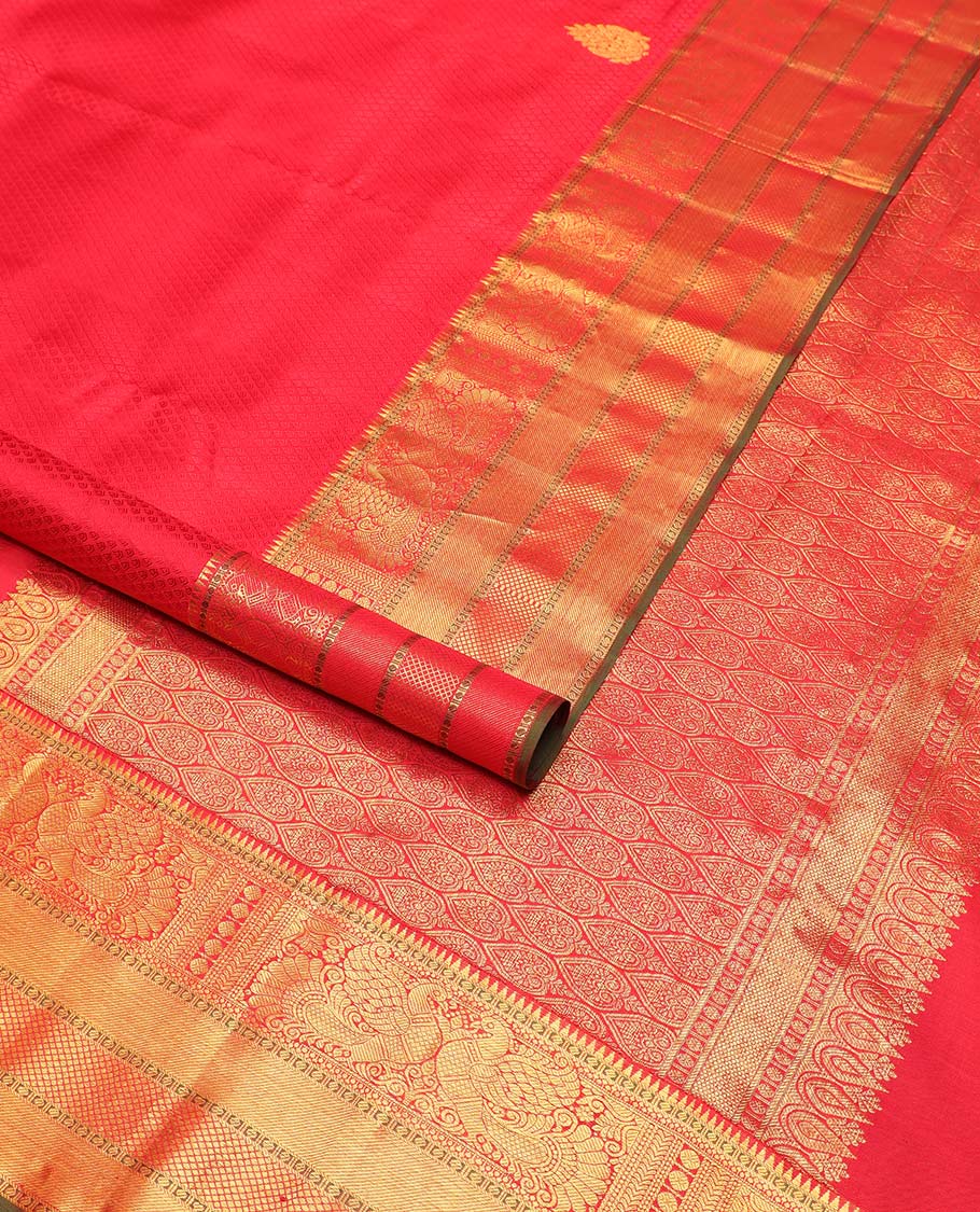 Red floral design Parampara silk saree with contrast border of rekku, paun, banaras, kuyil kann design & jaal design pallu - Image 2