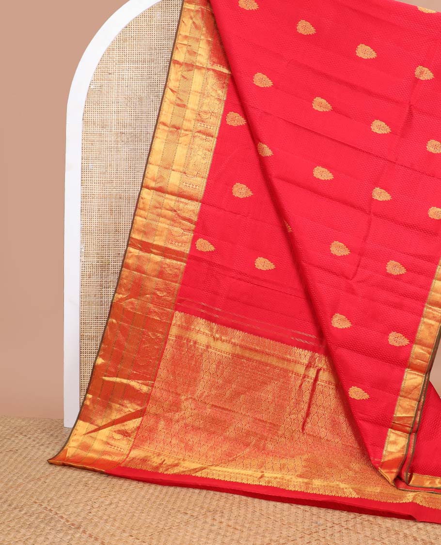 Red floral design Parampara silk saree with contrast border of rekku, paun, banaras, kuyil kann design & jaal design pallu - Image 3