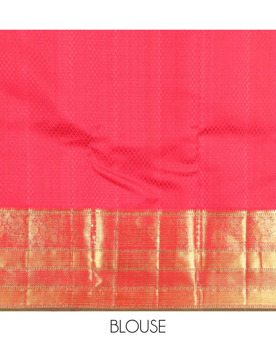Red floral design Parampara silk saree with contrast border of rekku, paun, banaras, kuyil kann design & jaal design pallu - Image 6