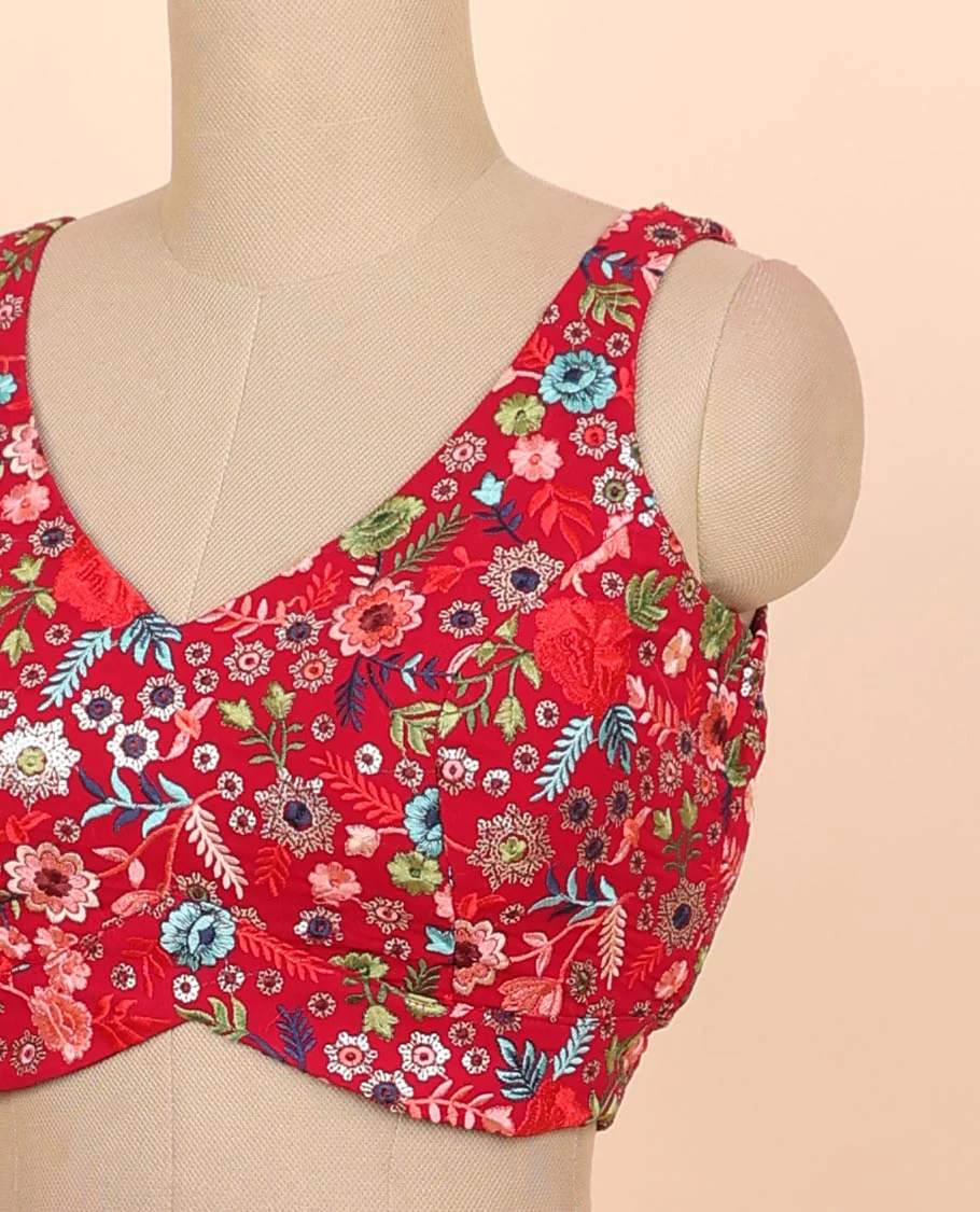 Red floral embroidery front & back deep v-neck raw-silk readymade sleeveless blouse - Image 3
