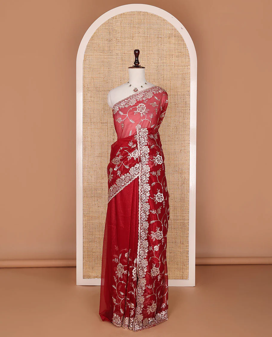 Red floral jaal embroidered designer saree, scallop floral creeper embroidered border - Image 2
