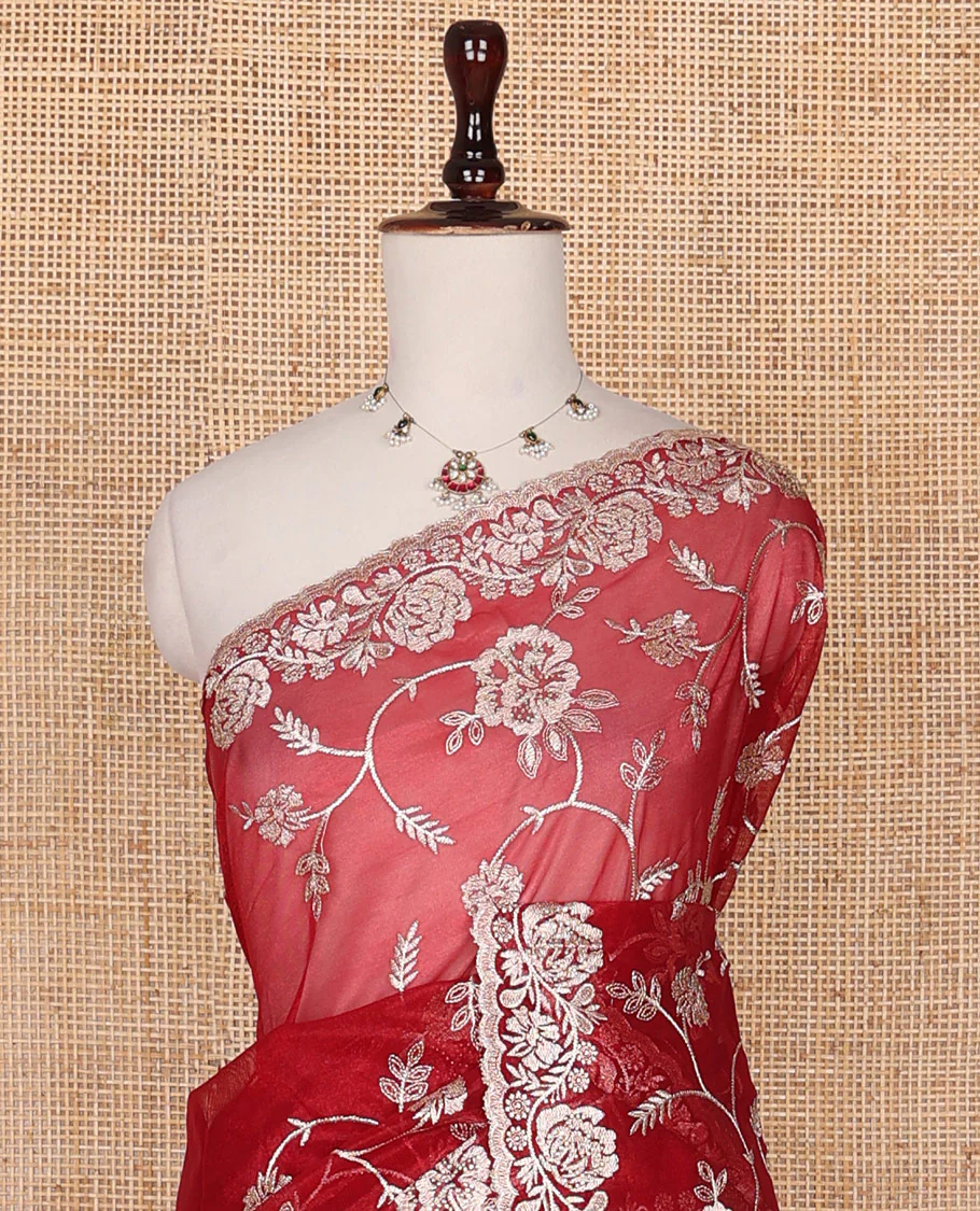 Red floral jaal embroidered designer saree, scallop floral creeper embroidered border - Image 3
