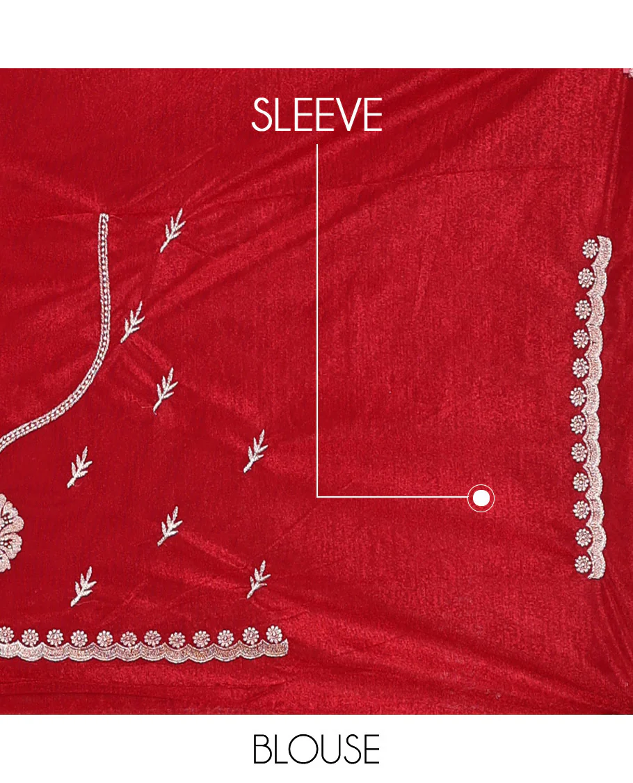 Red floral jaal embroidered designer saree, scallop floral creeper embroidered border - Image 4