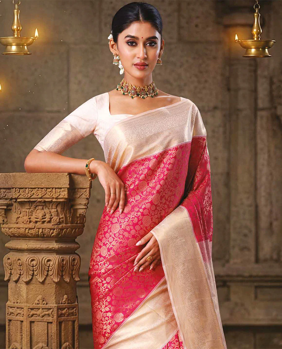 Red floral jaal jacquard kanchipuram wedding silk saree, contrast traditional zari design border, and intricate pallu - Image 2
