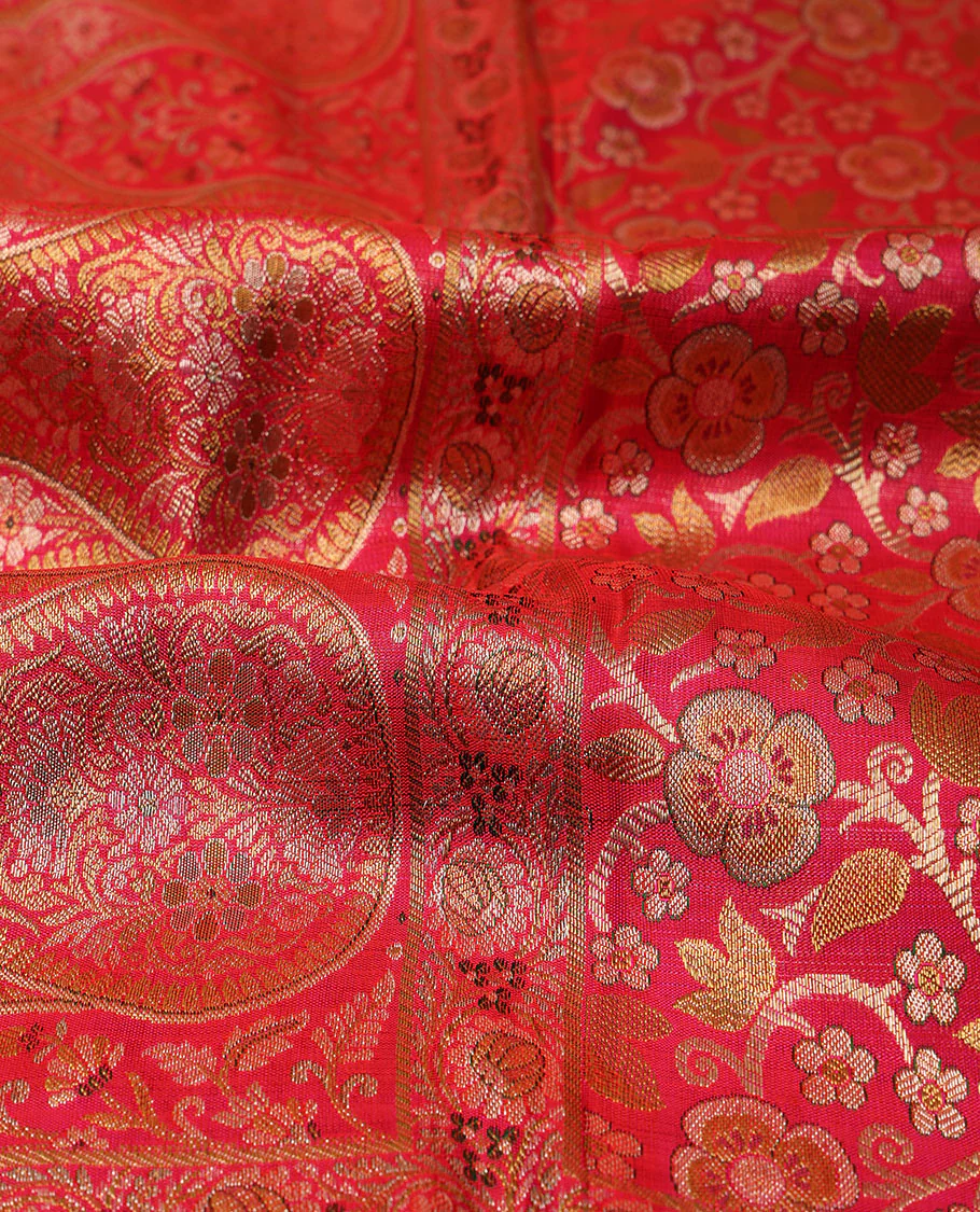 Red floral jaal jacquard Samudrika silk saree, intricate zari border & pallu decked up with floral jaal design - Image 4