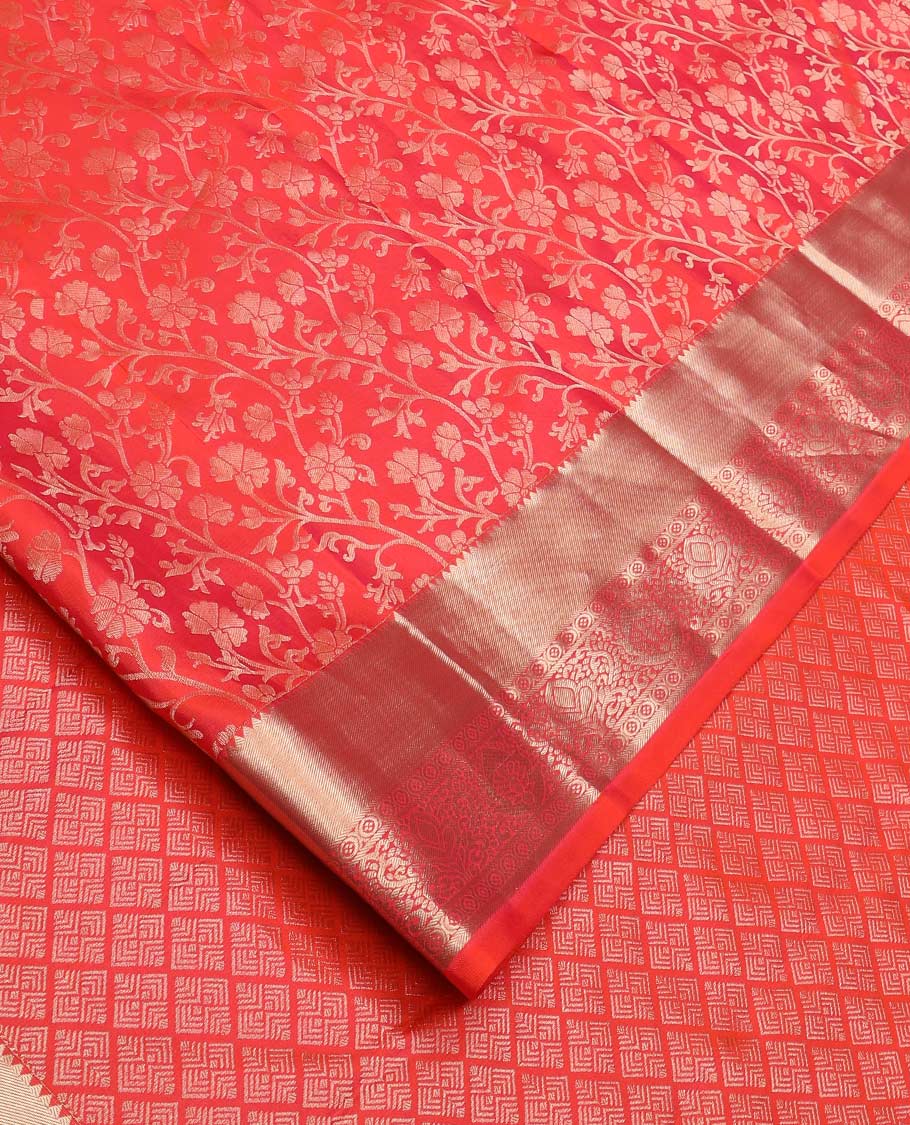 Red floral jaal jacquard wedding silk saree, zari border of traditional designs, and jaal pallu - Image 2
