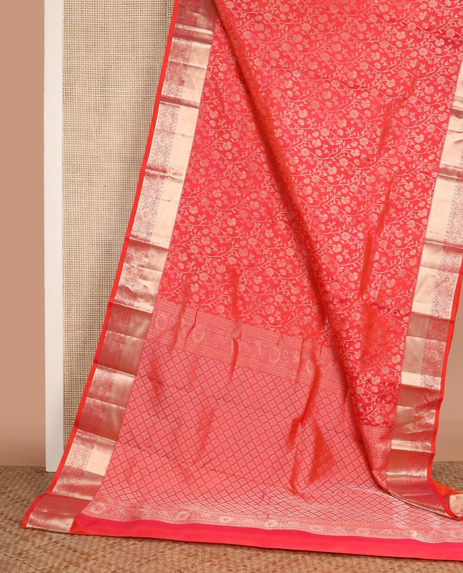 Red floral jaal jacquard wedding silk saree, zari border of traditional designs, and jaal pallu - Image 3