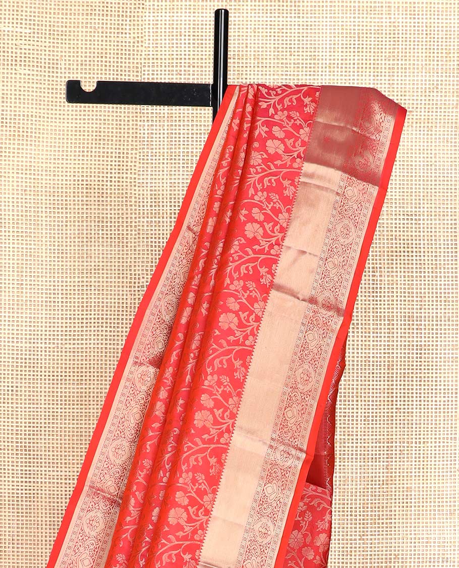 Red floral jaal jacquard wedding silk saree, zari border of traditional designs, and jaal pallu - Image 4
