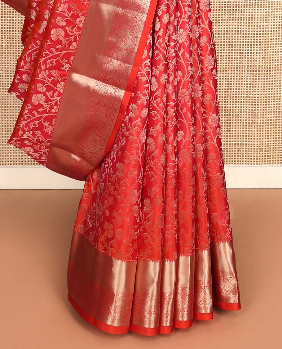 Red floral jaal jacquard wedding silk saree, zari border of traditional designs, and jaal pallu - Image 5