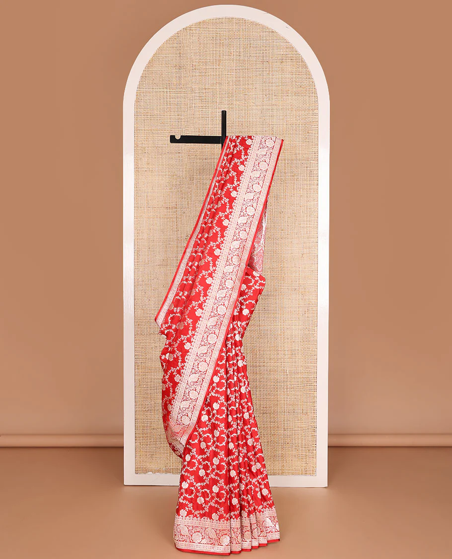 Red floral jacquard banarasi silk saree, self-border of floral & leaf creeper designs & intricately woven pallu of floral & paisley designs