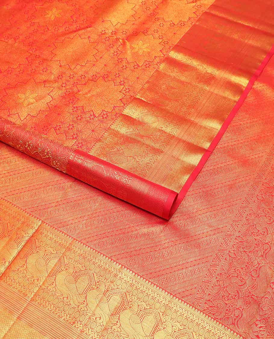 Red floral jacquard Samudrika silk saree with contrast intricate zari design border & intricate floral design pallu - Image 2