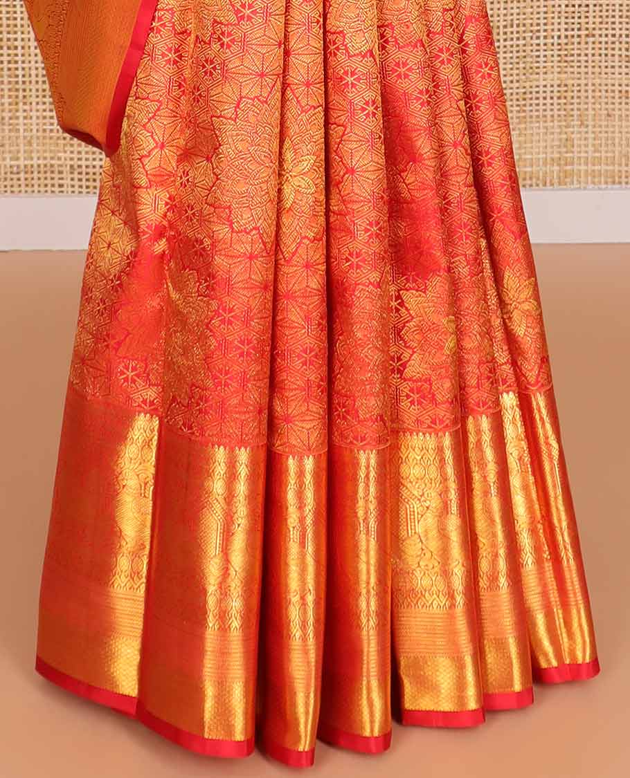 Red floral jacquard Samudrika silk saree with contrast intricate zari design border & intricate floral design pallu - Image 5