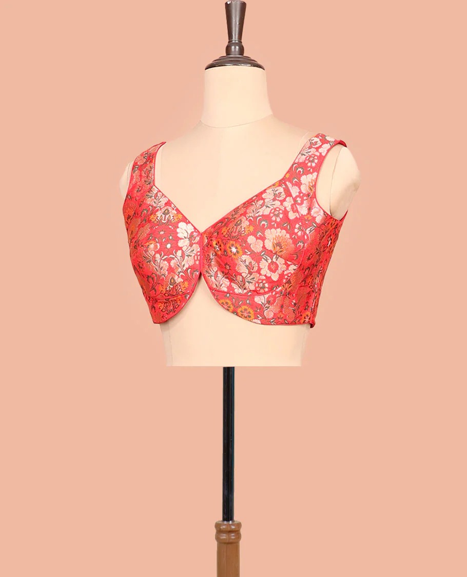 Red floral meenakari jacquard front-back V-neck sleeveless readymade blouse