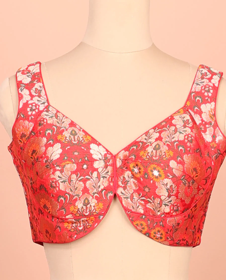 Red floral meenakari jacquard front-back V-neck sleeveless readymade blouse - Image 3