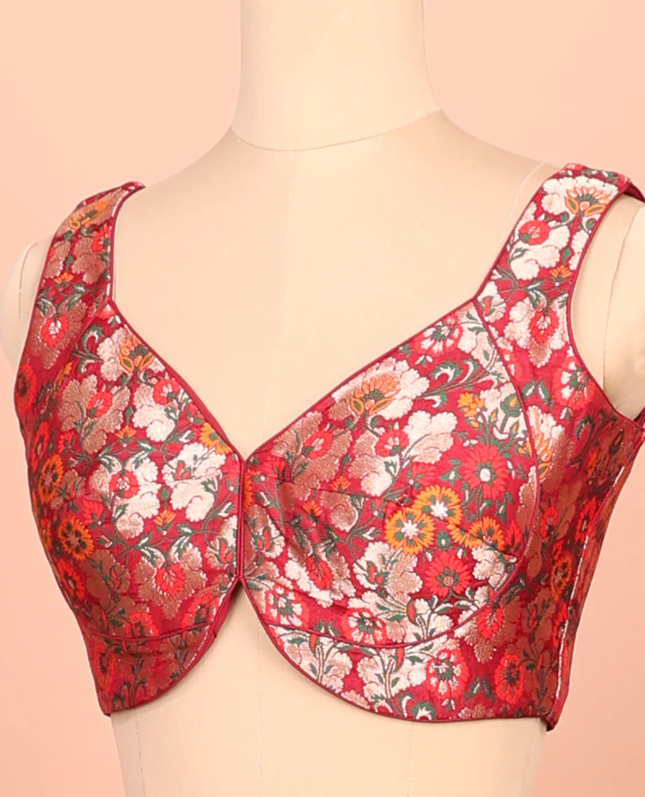 Red floral meenakari jacquard front-back V-neck sleeveless readymade blouse - Image 2