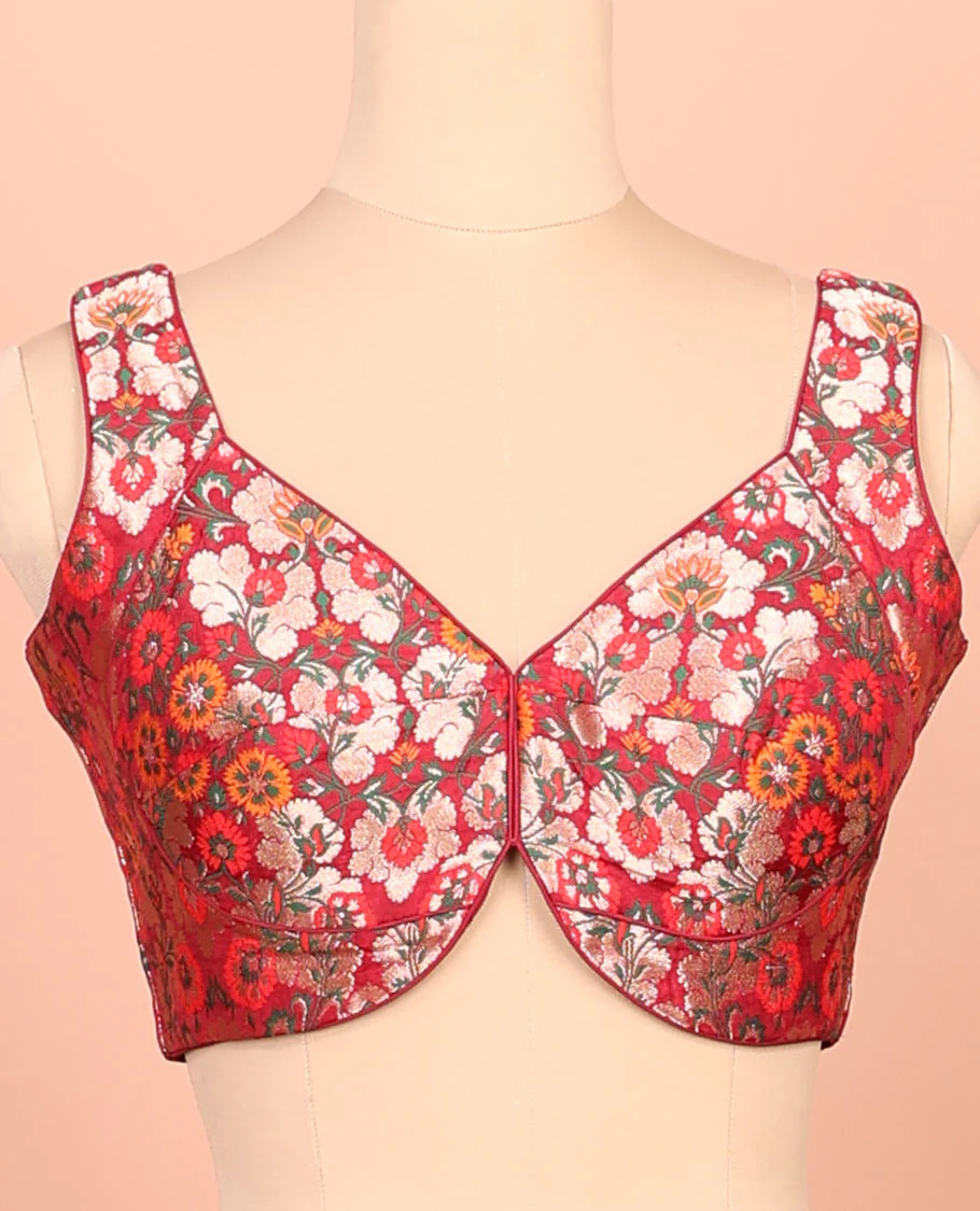 Red floral meenakari jacquard front-back V-neck sleeveless readymade blouse - Image 3