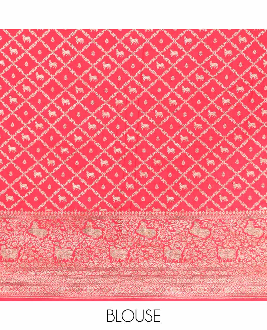Red floral motifs banaras silk saree with self zari design border & intricate floral zari design pallu - Image 5