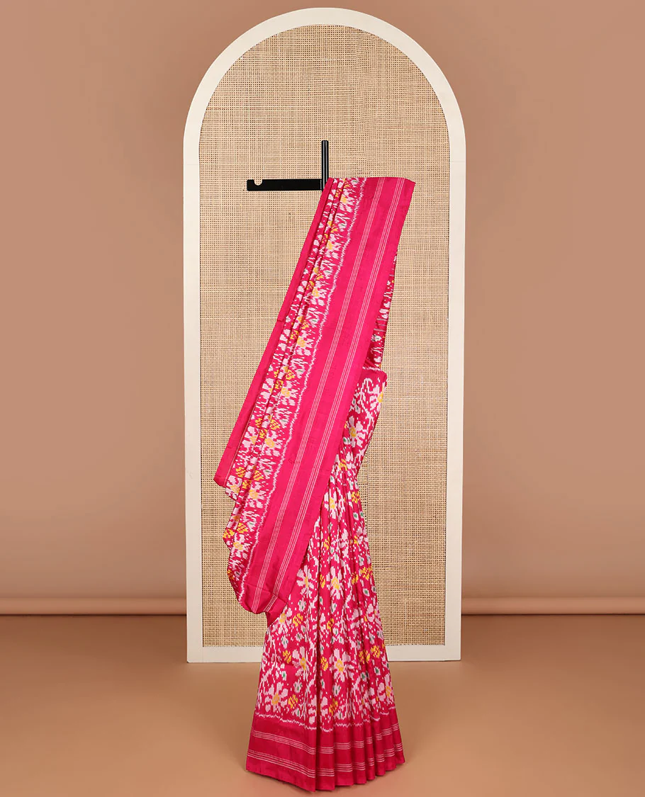 Red floral motifs ikkat saree with self striped border & striped floral design pallu - Image 2