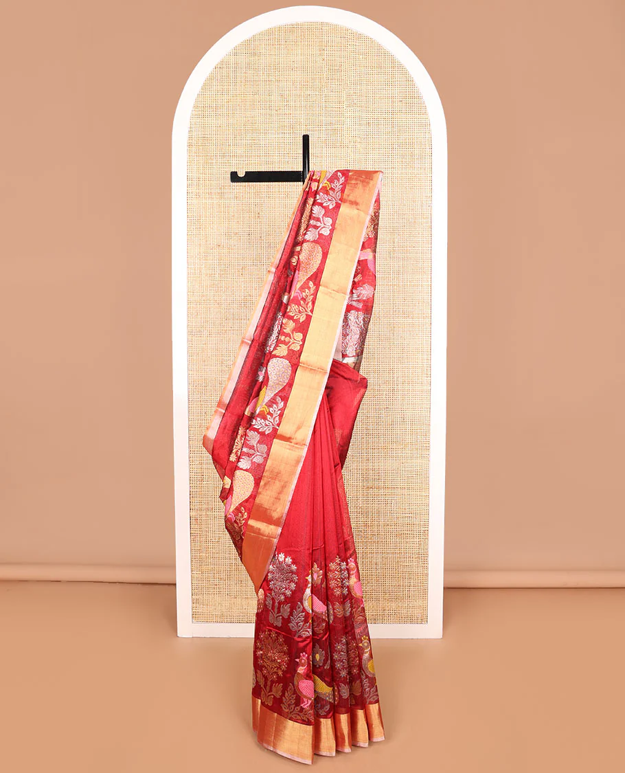 Red floral, peacock design chanderi cotton saree with contrast border & striped pallu